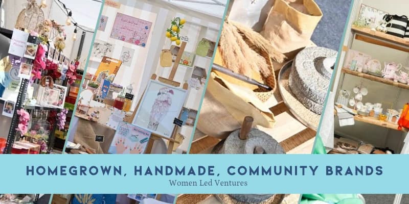 Vendor stalls with crafts, flowers, baskets and ceramics, captioned Homegrown, handmade, community brands